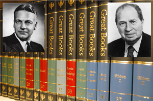 Inset portraits of Robert M.Hutchins and Mortimer J. Alder Co-Editors of the pictured Great Books of the Western World 52 volume set.