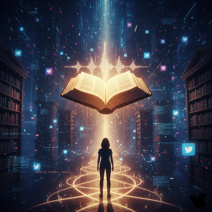Hutchins Great Conversation: The journey to intellectual sovereignty begins with an illuminated book, symbolizing revival of the Great Books of the Western World and overcoming digital noise.