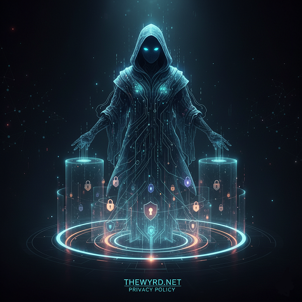The Wyrd Privacy Policy: Digital guardian figure overseeing secure data protection and user privacy.
