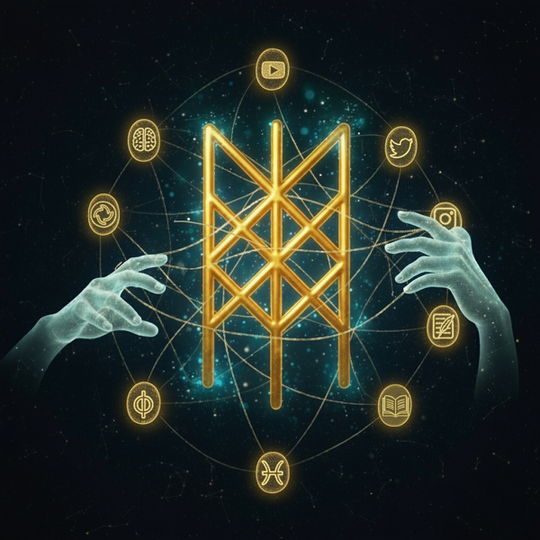 Ethereal hands weaving golden threads around a glowing Web of Wyrd symbol, with surrounding runestones displaying icons for YouTube, Element private chat, Twitter, Instagram, blogs, books, Tarot, Pisces (astrology), and knowledge, symbolizing connected services for destiny and self-discovery.