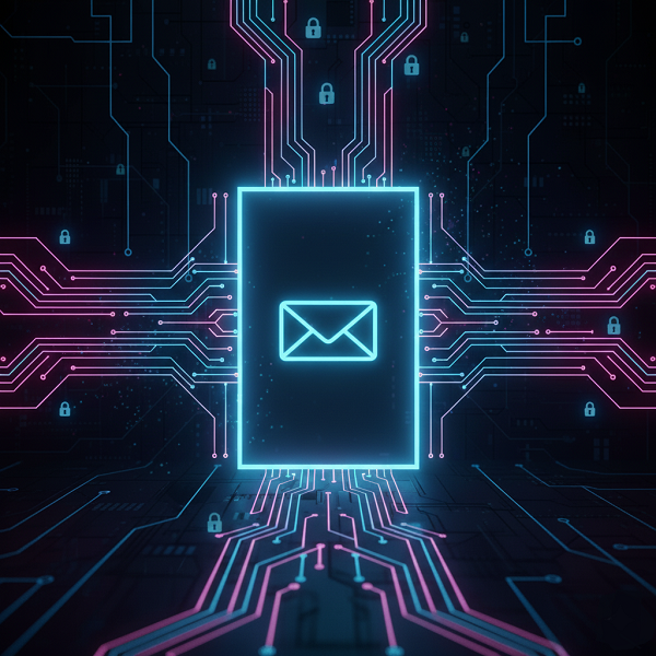 A glowing, stylized email icon floats within a bright digital frame on a dark circuit board background, symbolizing the contact and sign-up form for TheWyrd.net.