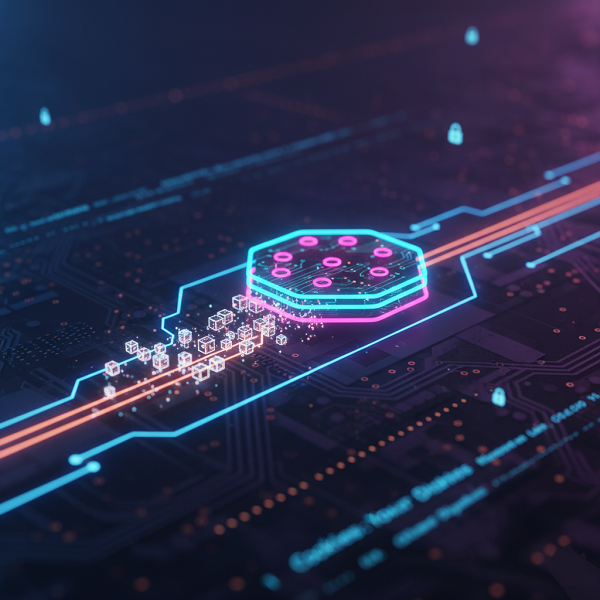 A glowing hexagonal cookie icon with data points, representing digital breadcrumbs on a secure circuit board path for user login and preference recall.