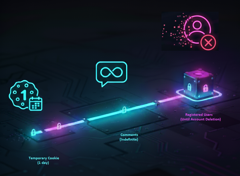 A digital timeline showing data retention: a cookie icon for 1-day temporary data, an infinity symbol in a chat bubble for indefinite comments, and a disintegrating profile icon for registered user data deletion.