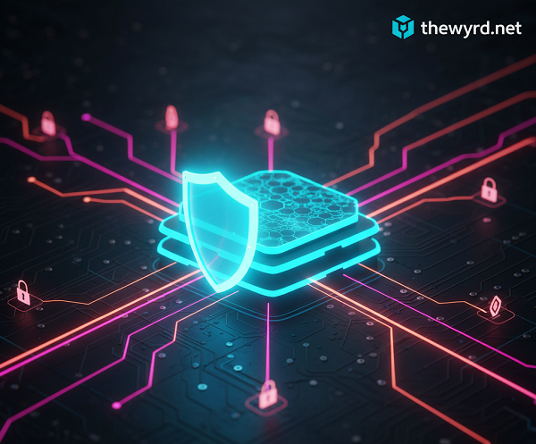 A glowing digital shield protecting stacked data blocks, with controlled, glowing data streams extending to a few specific, locked points, representing necessary data sharing.