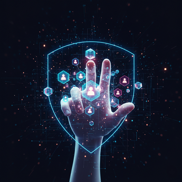 A glowing digital hand interacting with a virtual shield and data points, symbolizing user control, access, and erasure rights over personal data.