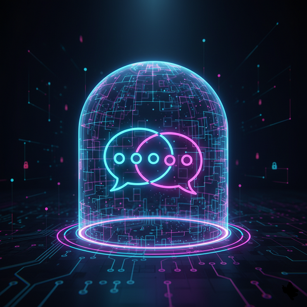 Two interlocked glowing chat bubbles encased in a secure digital dome, symbolizing private and isolated Element chat conversations on TheWyrd.net.