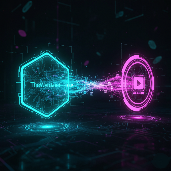 Two glowing digital platforms, one labeled "TheWyrd.net" and another with a video player icon, connected by vibrant data streams, illustrating embedded content bridging websites.